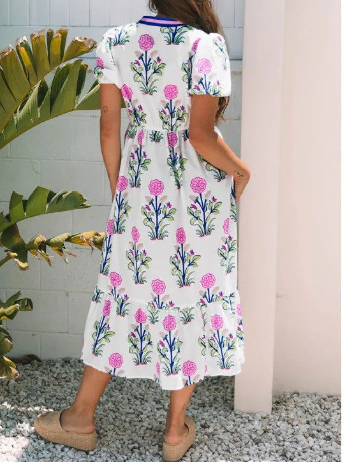 Limited time sale🔥Women's Floral V-Neck Ruffle Hem Midi Dress