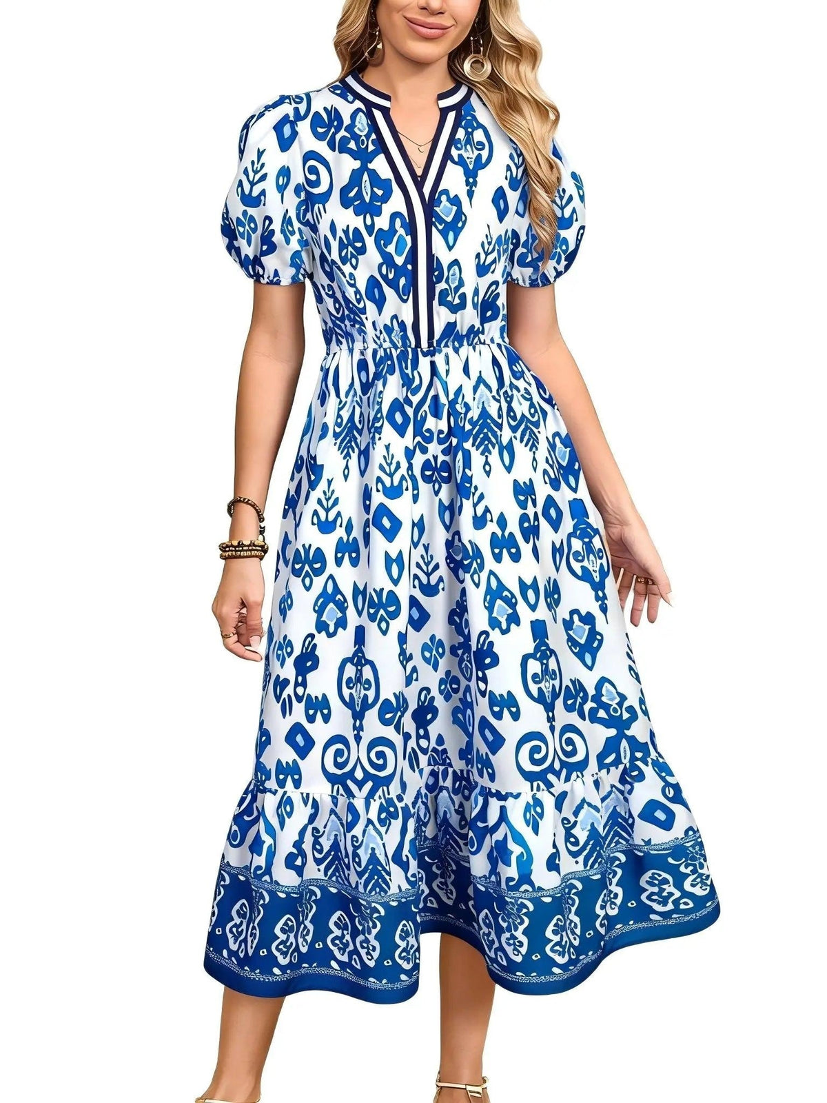 Limited time sale🔥Women's Floral V-Neck Ruffle Hem Midi Dress