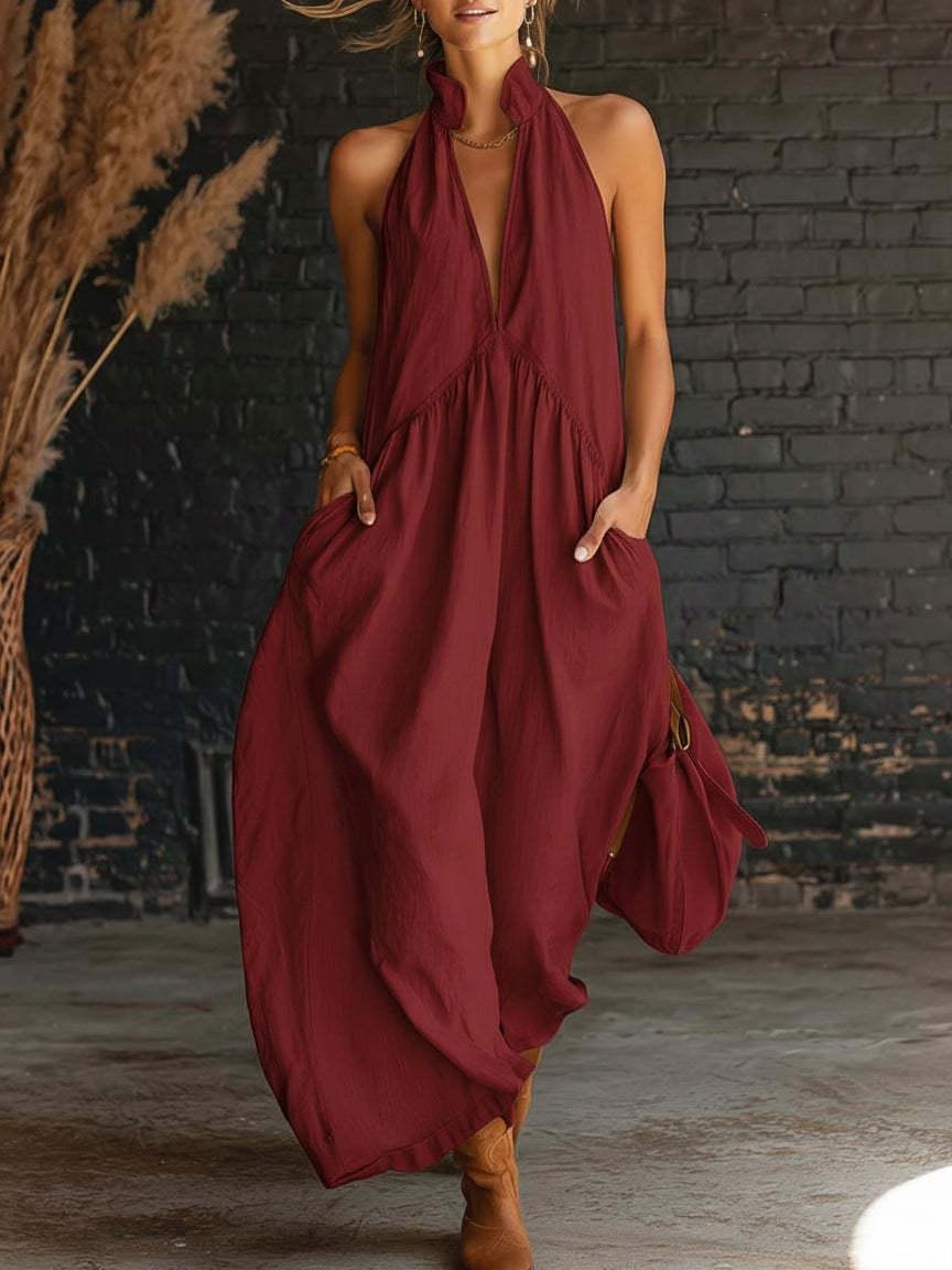 Limited time sale🔥Women's Halter Neck Deep V Maxi Dress with Pockets