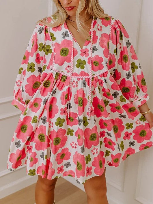 Women's Vibrant Floral Print Tied Waist Dress with Pockets