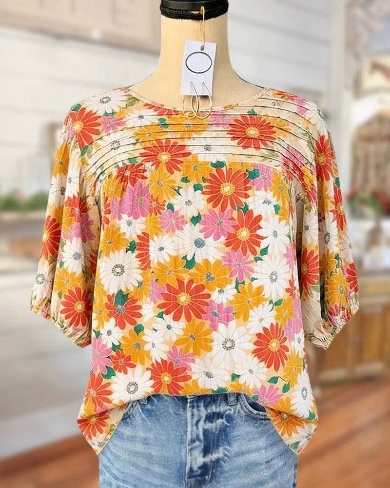 Applique & Floral Print Pleated Detail Rocking Blouse