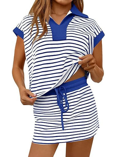 Limited time sale🔥Women's Striped V-neck 2 Piece Skirt Set