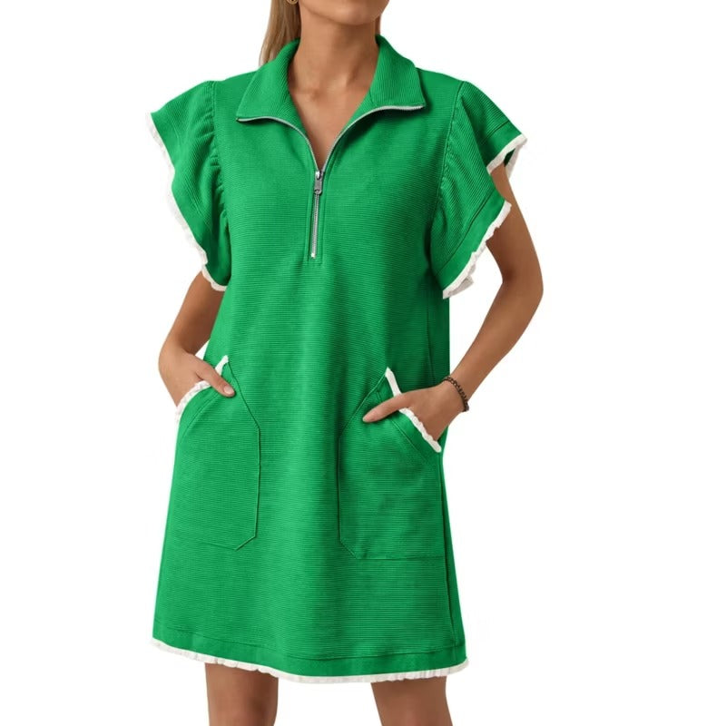 Women's Casual Zipper Neckline Bestie Ruffle Collared Dress