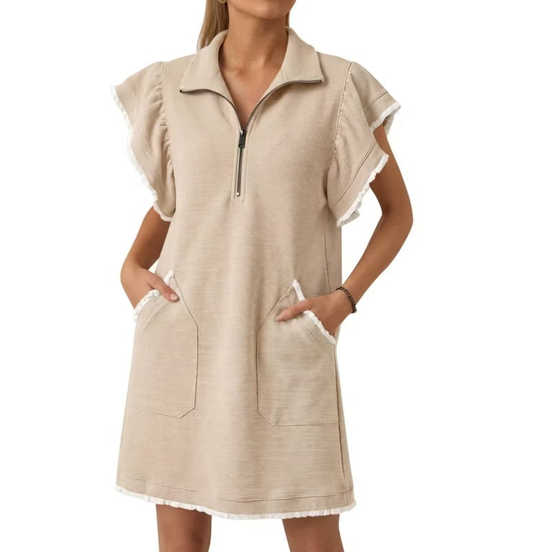 Women's Casual Zipper Neckline Bestie Ruffle Collared Dress