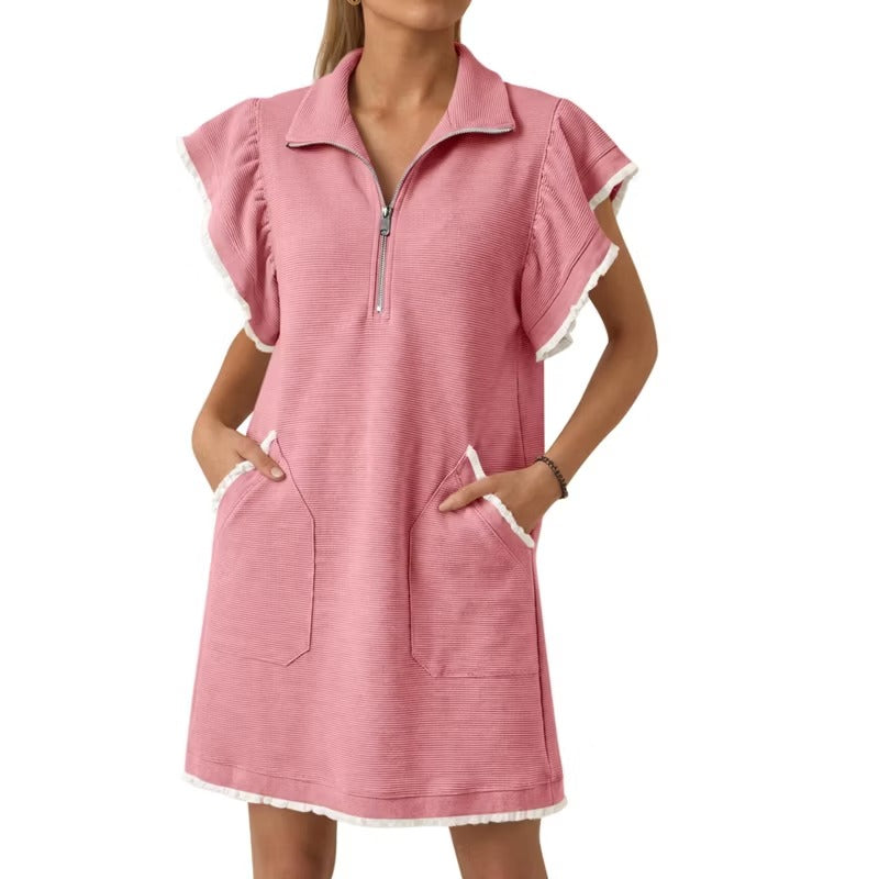 Women's Casual Zipper Neckline Bestie Ruffle Collared Dress