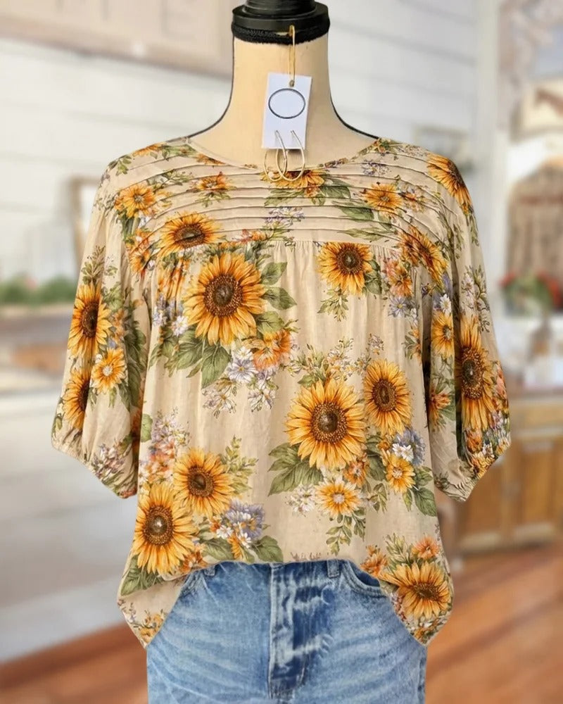 Applique & Floral Print Pleated Detail Rocking Blouse