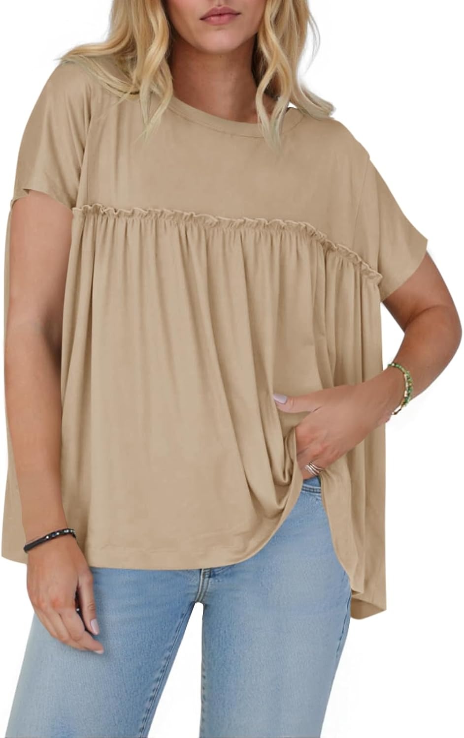 Women Summer Babydoll Tops Pleated Short Sleeve Peplum Blouse Casual Loose Fit T Shirts