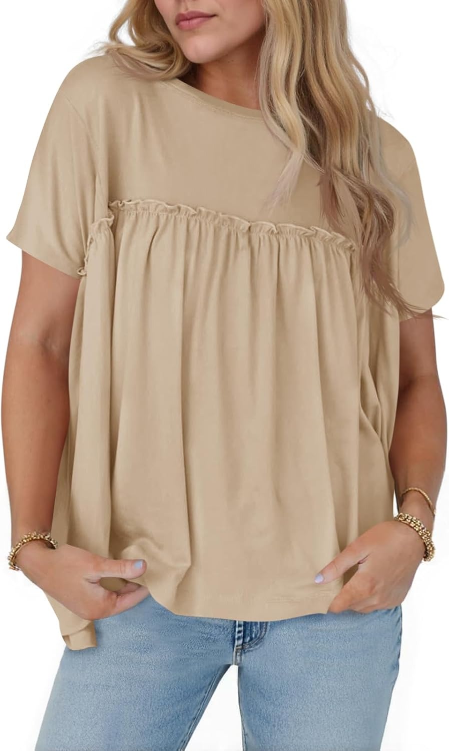 Women Summer Babydoll Tops Pleated Short Sleeve Peplum Blouse Casual Loose Fit T Shirts