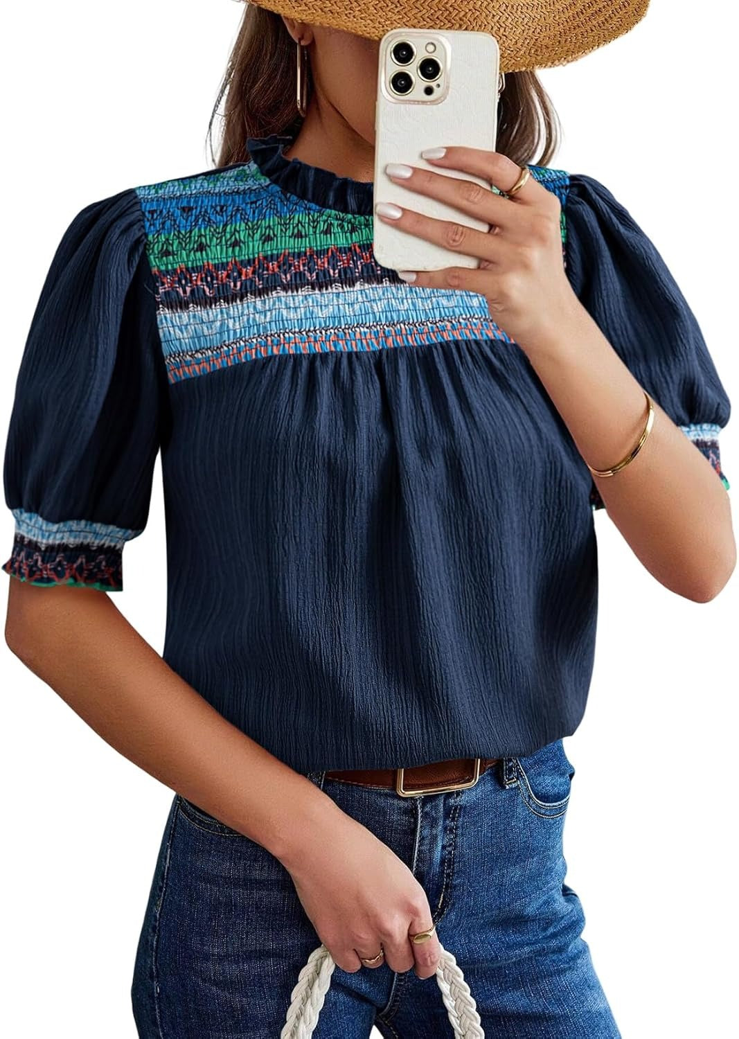 Women Casual Puff Sleeve Boho Pleated Shirts Embroidered Blouses Tunic