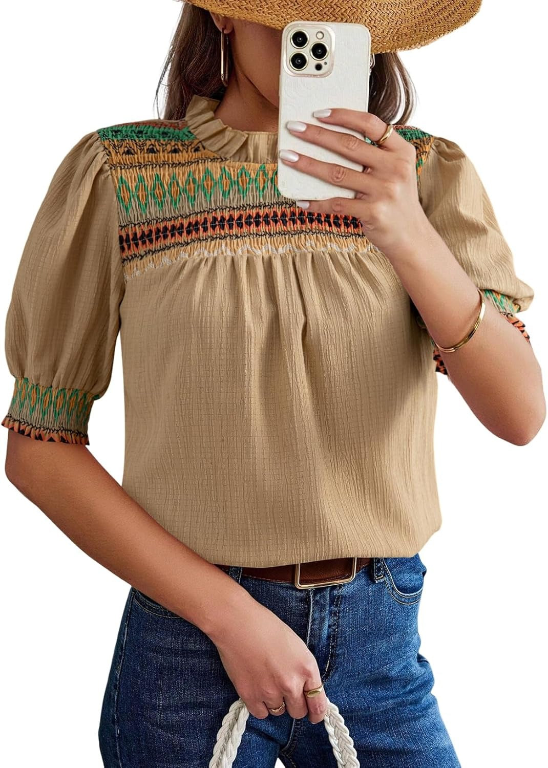Women Casual Puff Sleeve Boho Pleated Shirts Embroidered Blouses Tunic