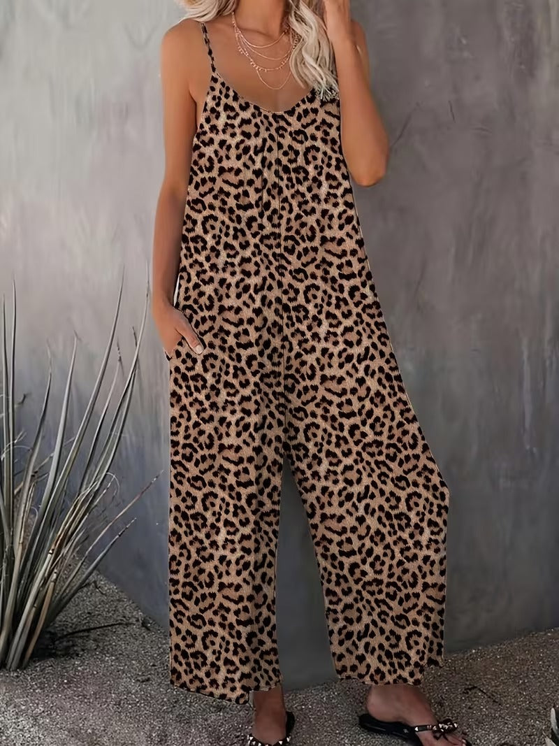 Women's Casual Sleeveless Leopard Print Jumpsuit with Pockets