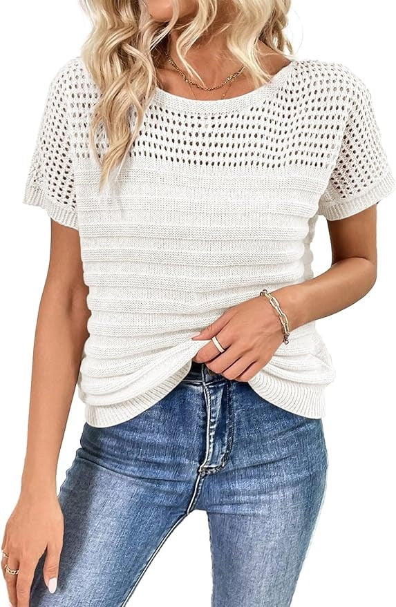 Women's Eyelet Hollow-Out Knit Short Sleeve Top