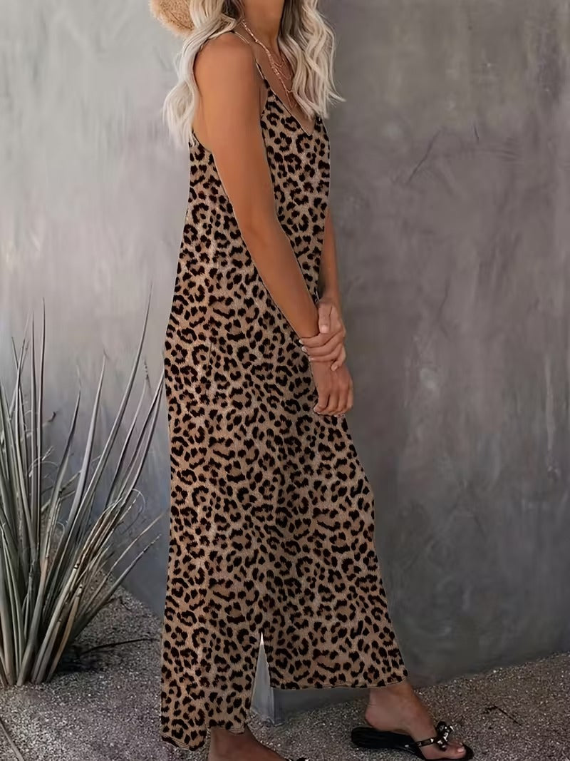 Women's Casual Sleeveless Leopard Print Jumpsuit with Pockets