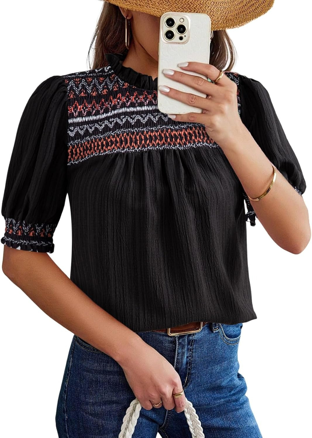 Women Casual Puff Sleeve Boho Pleated Shirts Embroidered Blouses Tunic