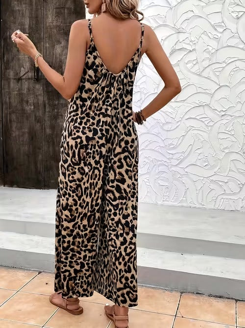 Women's Casual Sleeveless Leopard Print Jumpsuit with Pockets