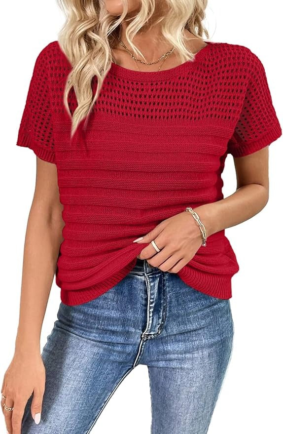 Women's Eyelet Hollow-Out Knit Short Sleeve Top