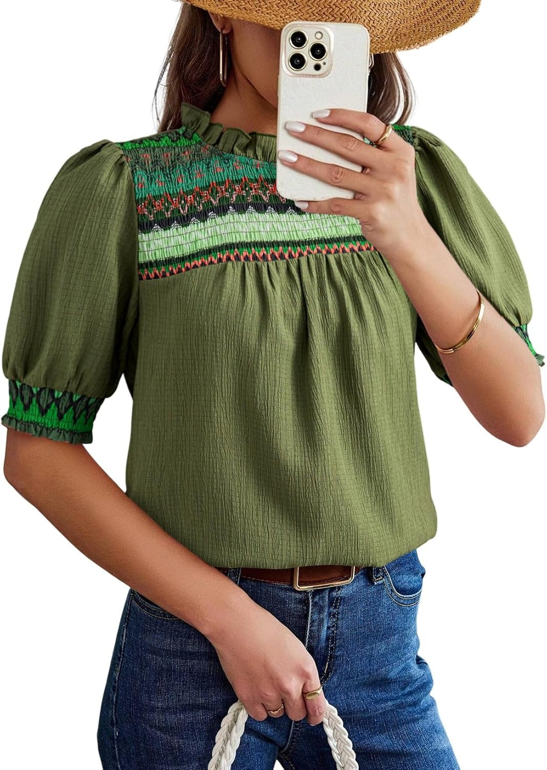 Women Casual Puff Sleeve Boho Pleated Shirts Embroidered Blouses Tunic