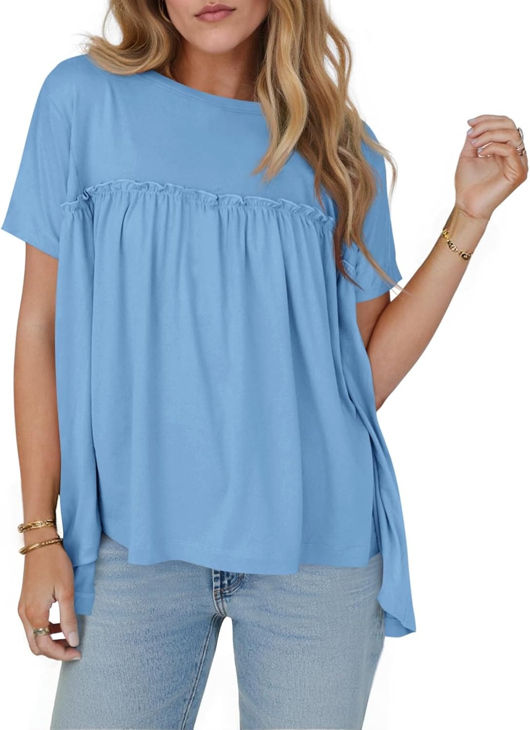 Women Summer Babydoll Tops Pleated Short Sleeve Peplum Blouse Casual Loose Fit T Shirts