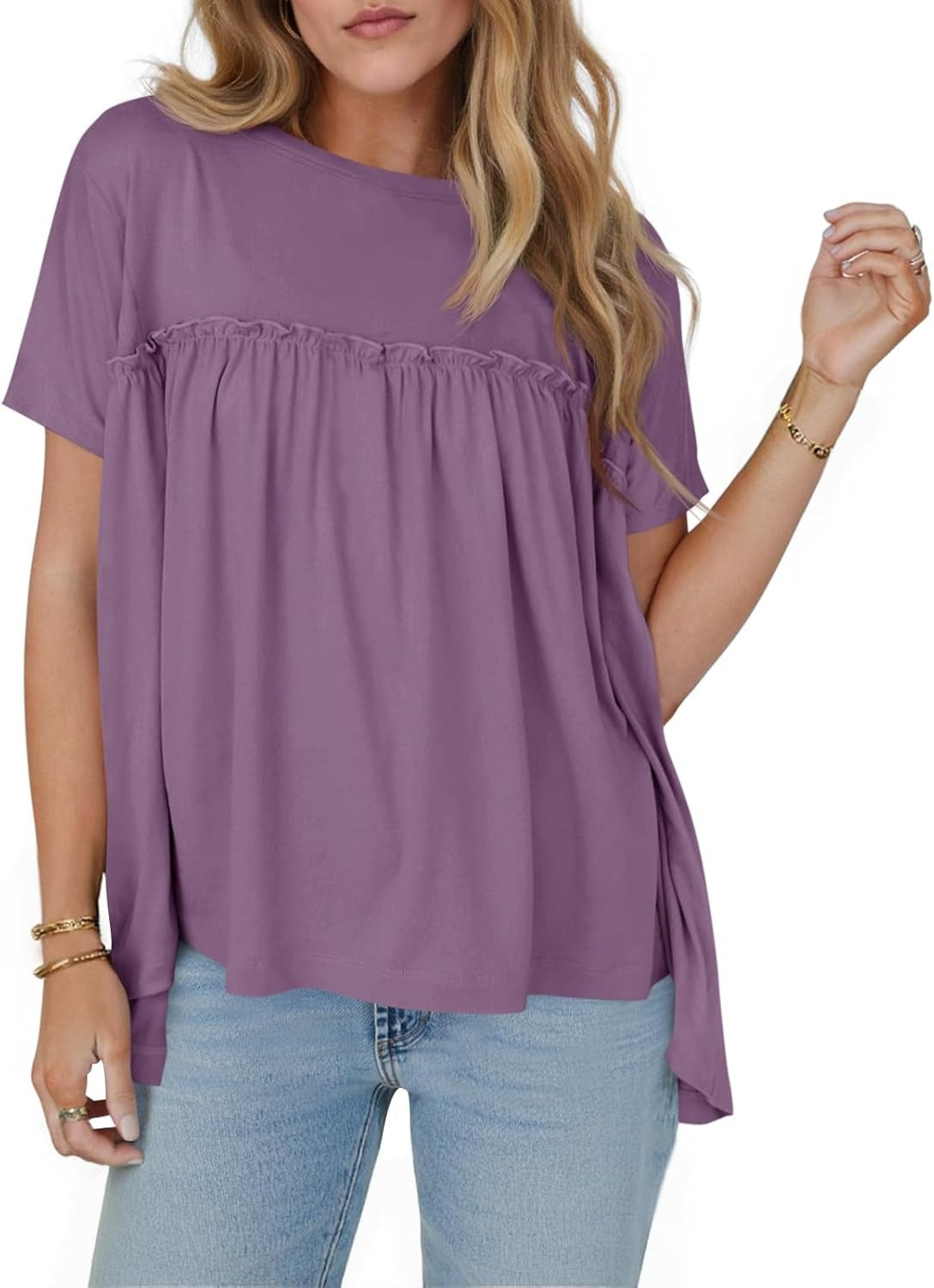 Women Summer Babydoll Tops Pleated Short Sleeve Peplum Blouse Casual Loose Fit T Shirts
