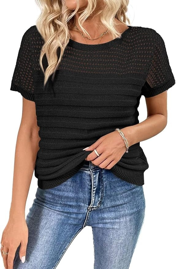 Women's Eyelet Hollow-Out Knit Short Sleeve Top