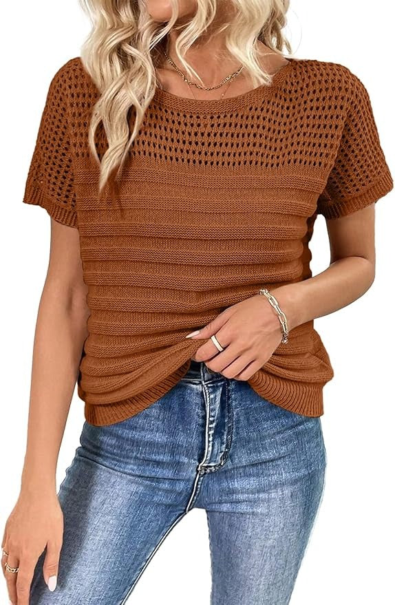 Women's Eyelet Hollow-Out Knit Short Sleeve Top