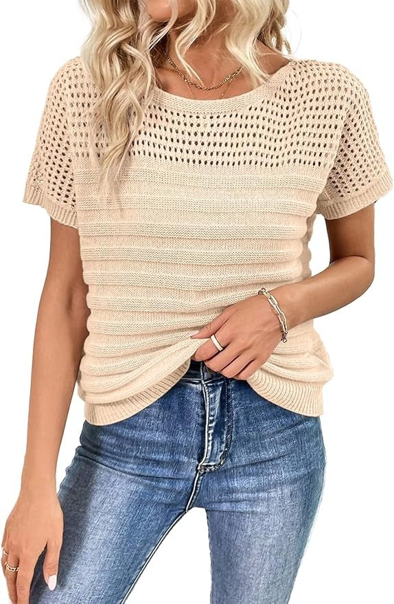 Women's Eyelet Hollow-Out Knit Short Sleeve Top