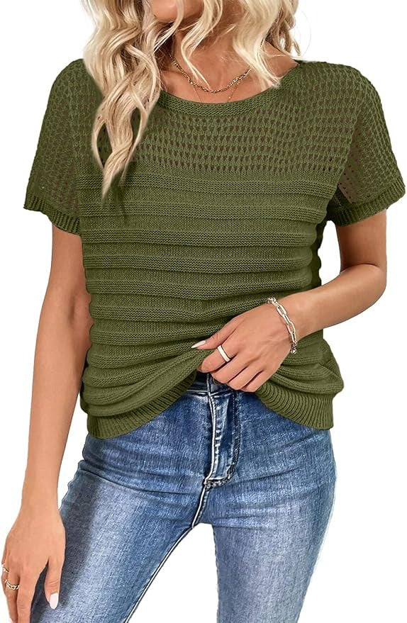 Women's Eyelet Hollow-Out Knit Short Sleeve Top