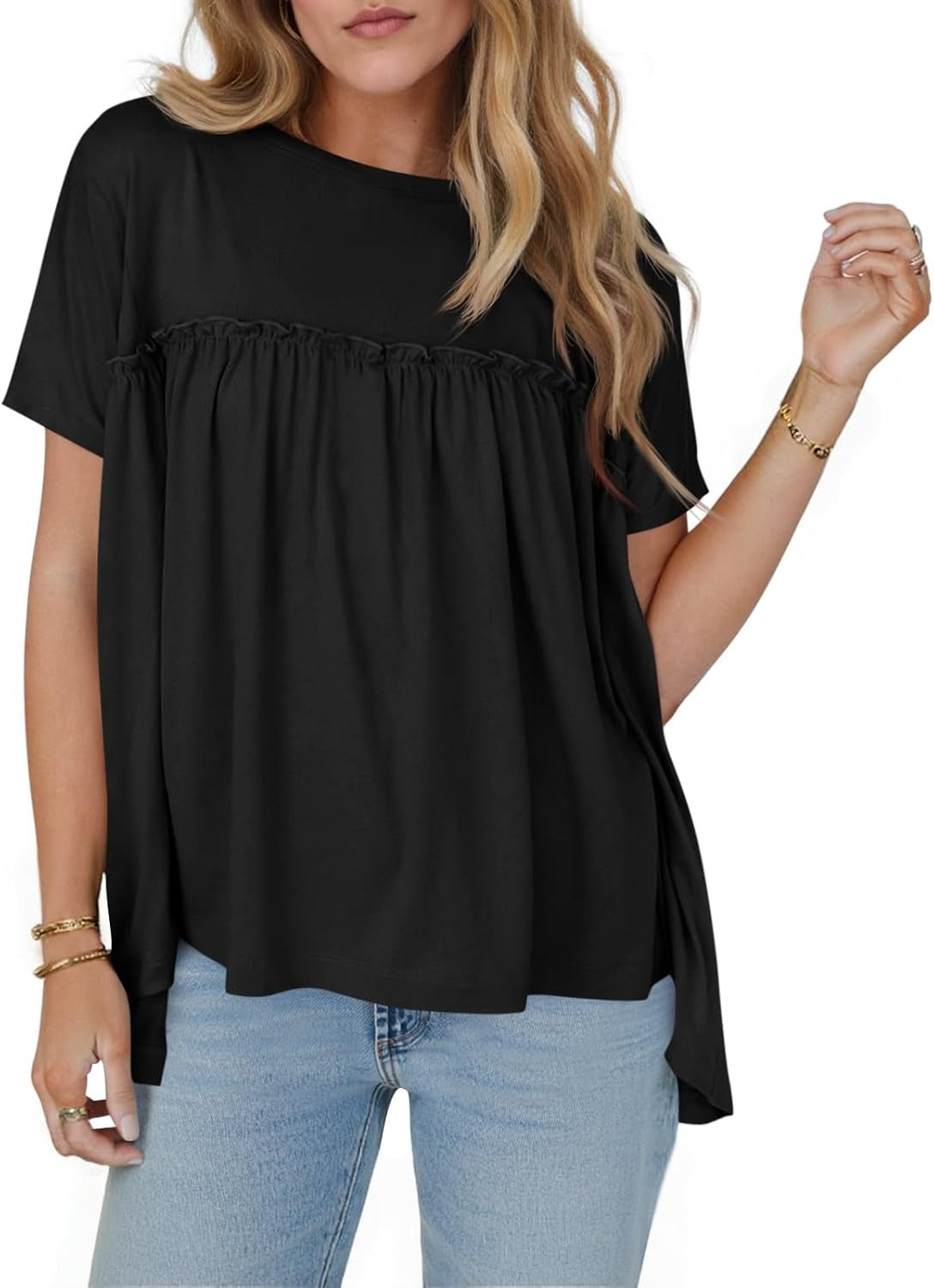 Women Summer Babydoll Tops Pleated Short Sleeve Peplum Blouse Casual Loose Fit T Shirts