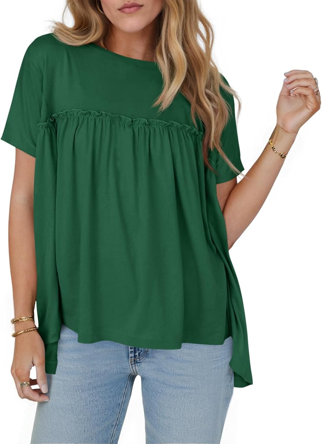 Women Summer Babydoll Tops Pleated Short Sleeve Peplum Blouse Casual Loose Fit T Shirts