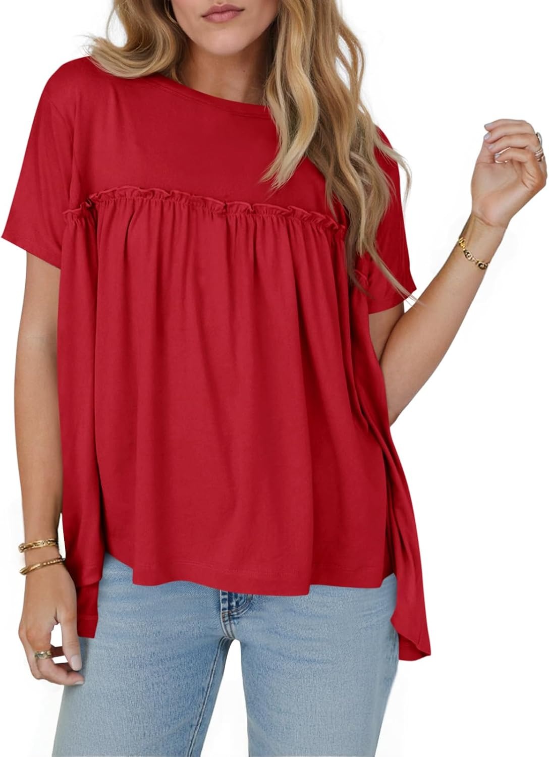 Women Summer Babydoll Tops Pleated Short Sleeve Peplum Blouse Casual Loose Fit T Shirts