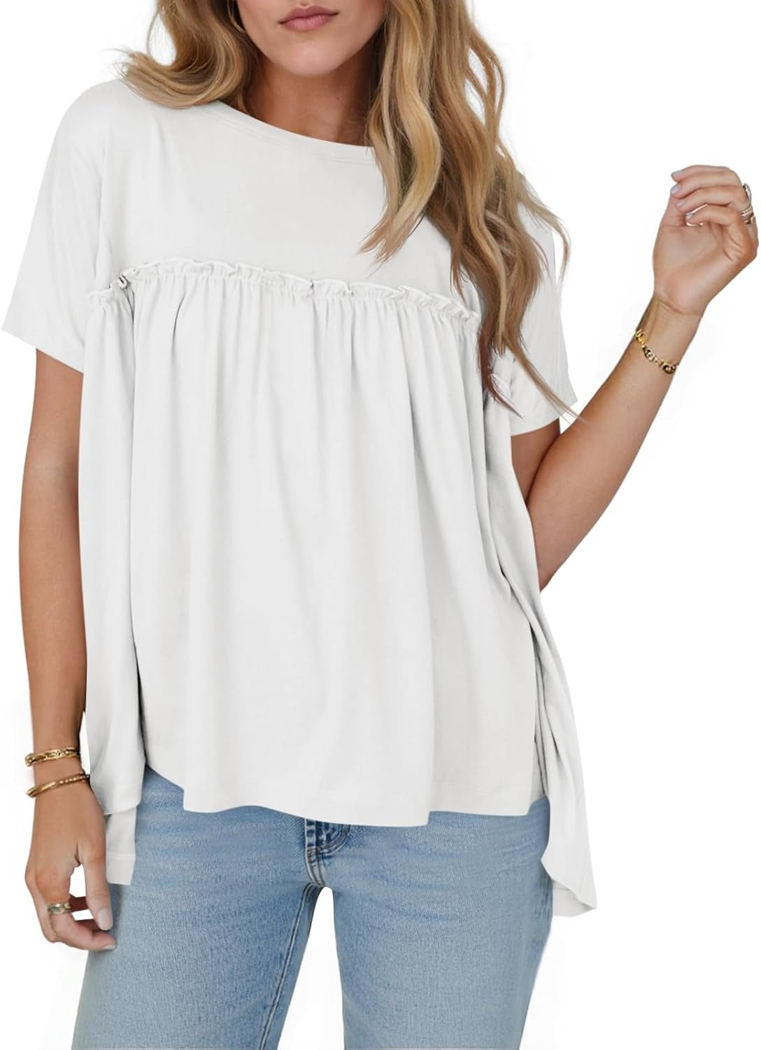 Women Summer Babydoll Tops Pleated Short Sleeve Peplum Blouse Casual Loose Fit T Shirts