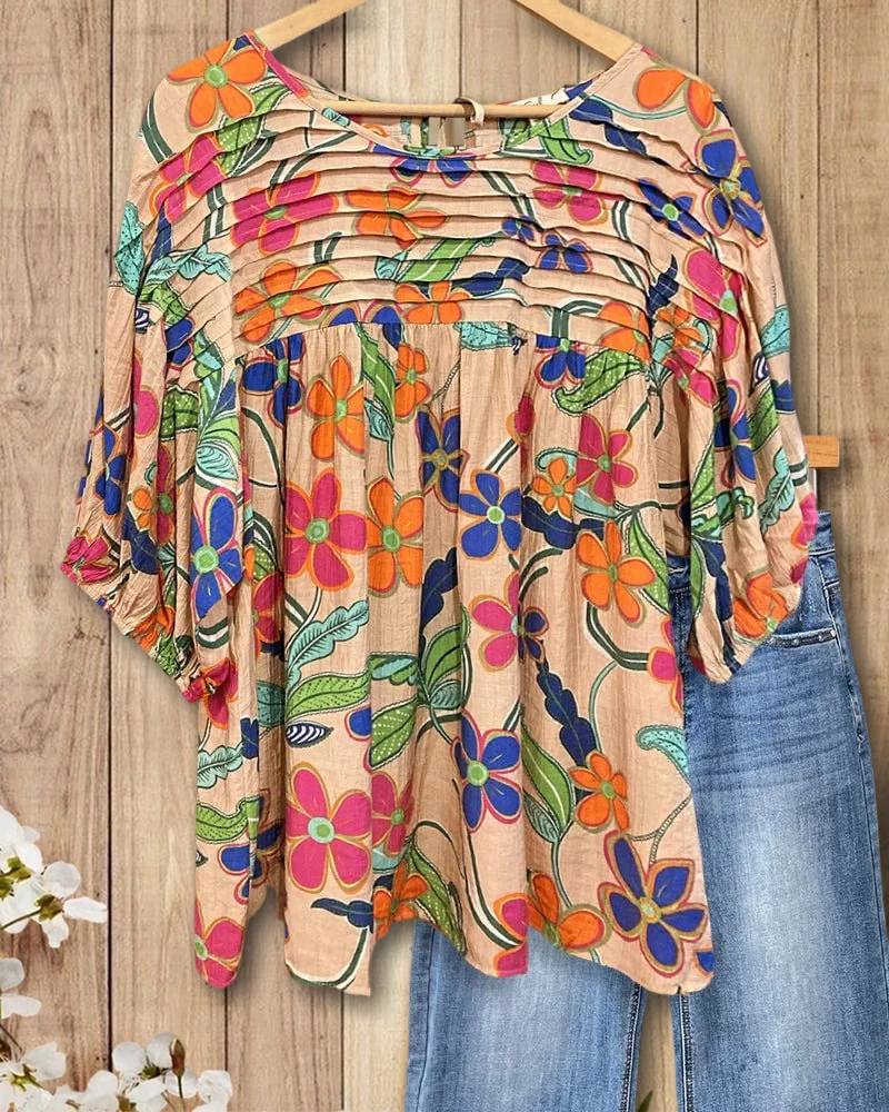 Applique & Floral Print Pleated Detail Rocking Blouse