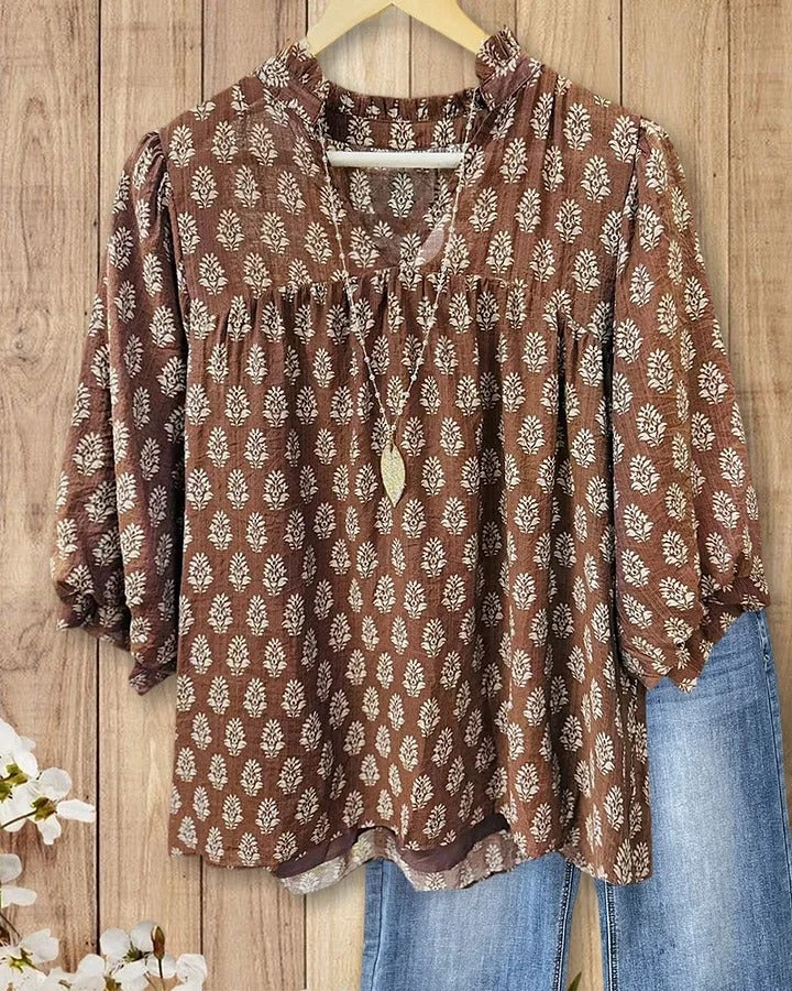 Floral Print V Neck Puff Sleeve Relaxed Blouse