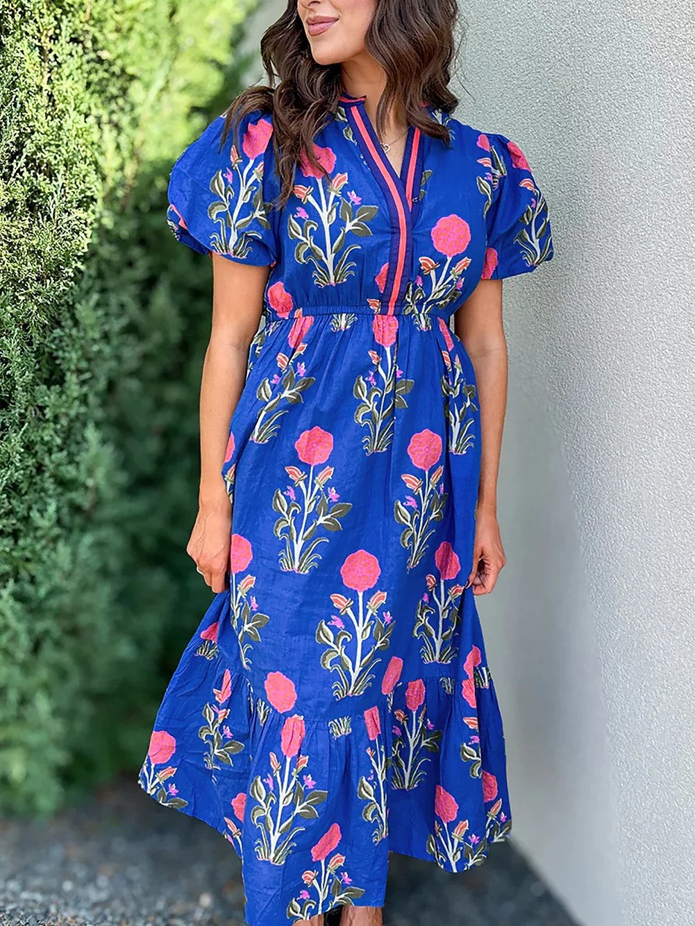 Limited time sale🔥Women's Floral V-Neck Ruffle Hem Midi Dress