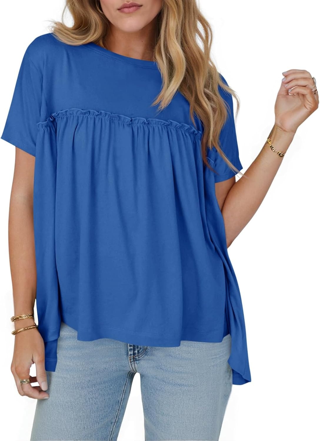 Women Summer Babydoll Tops Pleated Short Sleeve Peplum Blouse Casual Loose Fit T Shirts