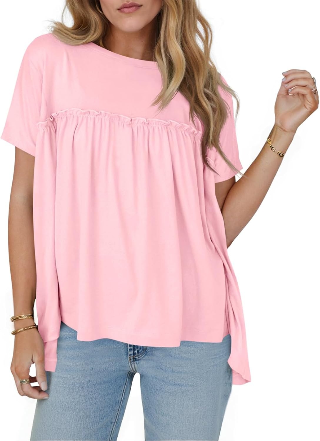 Women Summer Babydoll Tops Pleated Short Sleeve Peplum Blouse Casual Loose Fit T Shirts