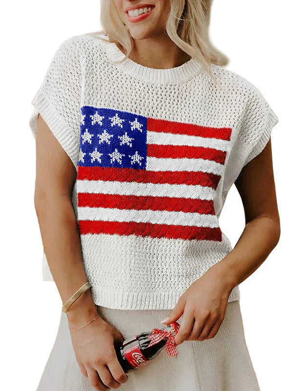 Limited time sale🔥Flag Graphic Short Sleeve Hollow Out Top