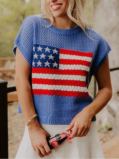 Flag Graphic Short Sleeve Hollow Out Top