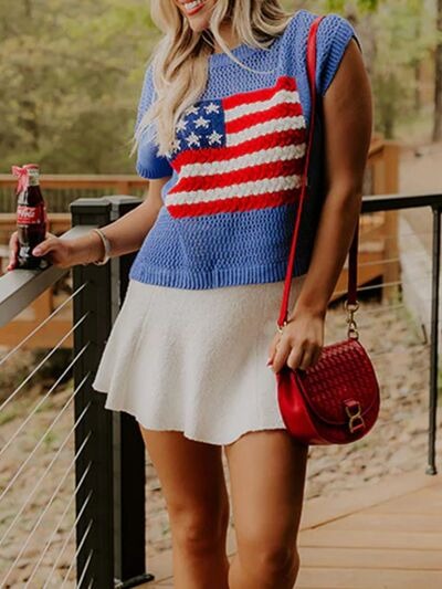 Limited time sale🔥Flag Graphic Short Sleeve Hollow Out Top