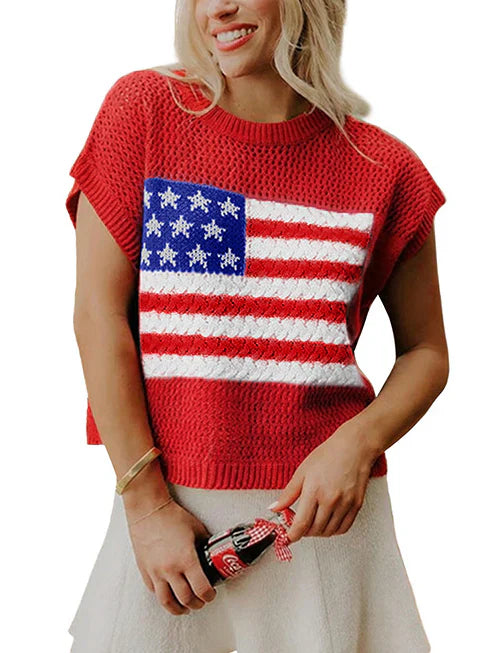 Limited time sale🔥Flag Graphic Short Sleeve Hollow Out Top