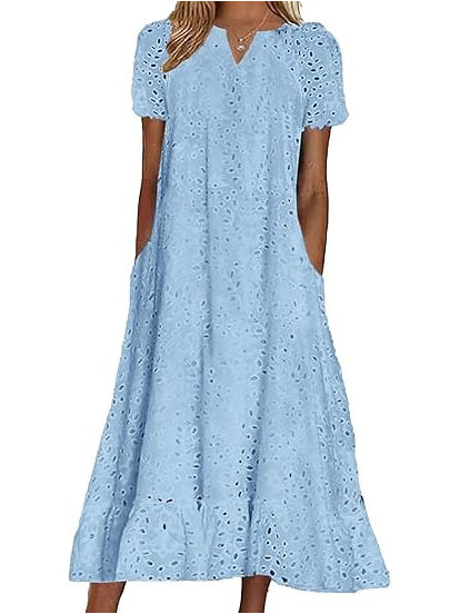 Women's Eyelet Lace Notch Neck Midi Dress with Pockets