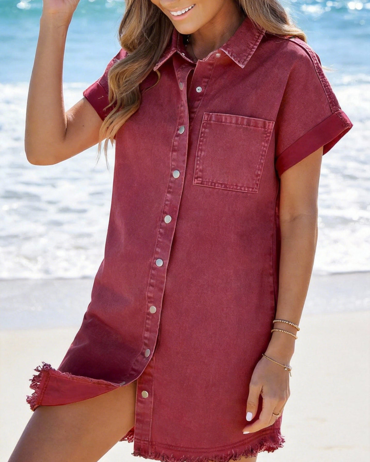 Limited time sale🔥Women's Button Down Frayed Hem Denim Shirt Dresses