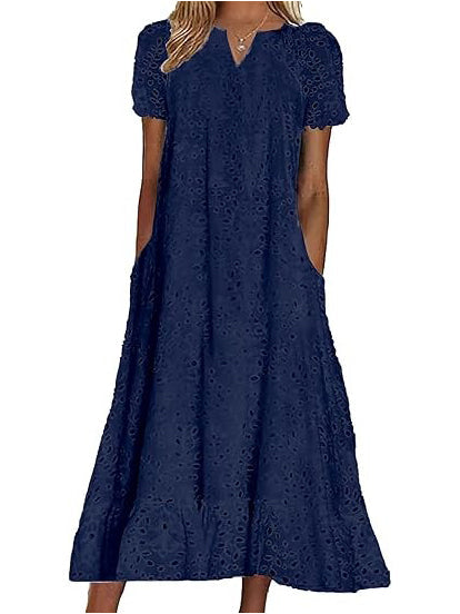 Women's Eyelet Lace Notch Neck Midi Dress with Pockets