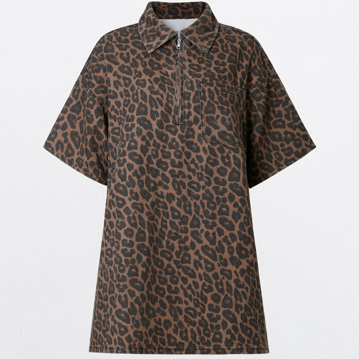 Women's Leopard Print Half-Zip Denim Shirt Dress