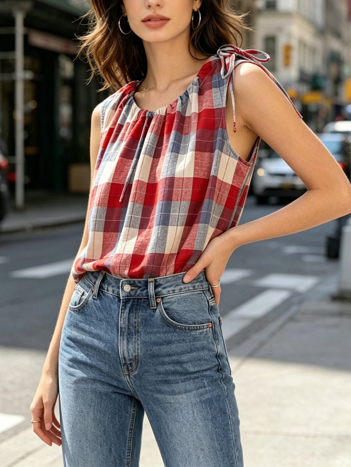 Plaid Cozy Round Neck Drawstring Sleeveless Shirt