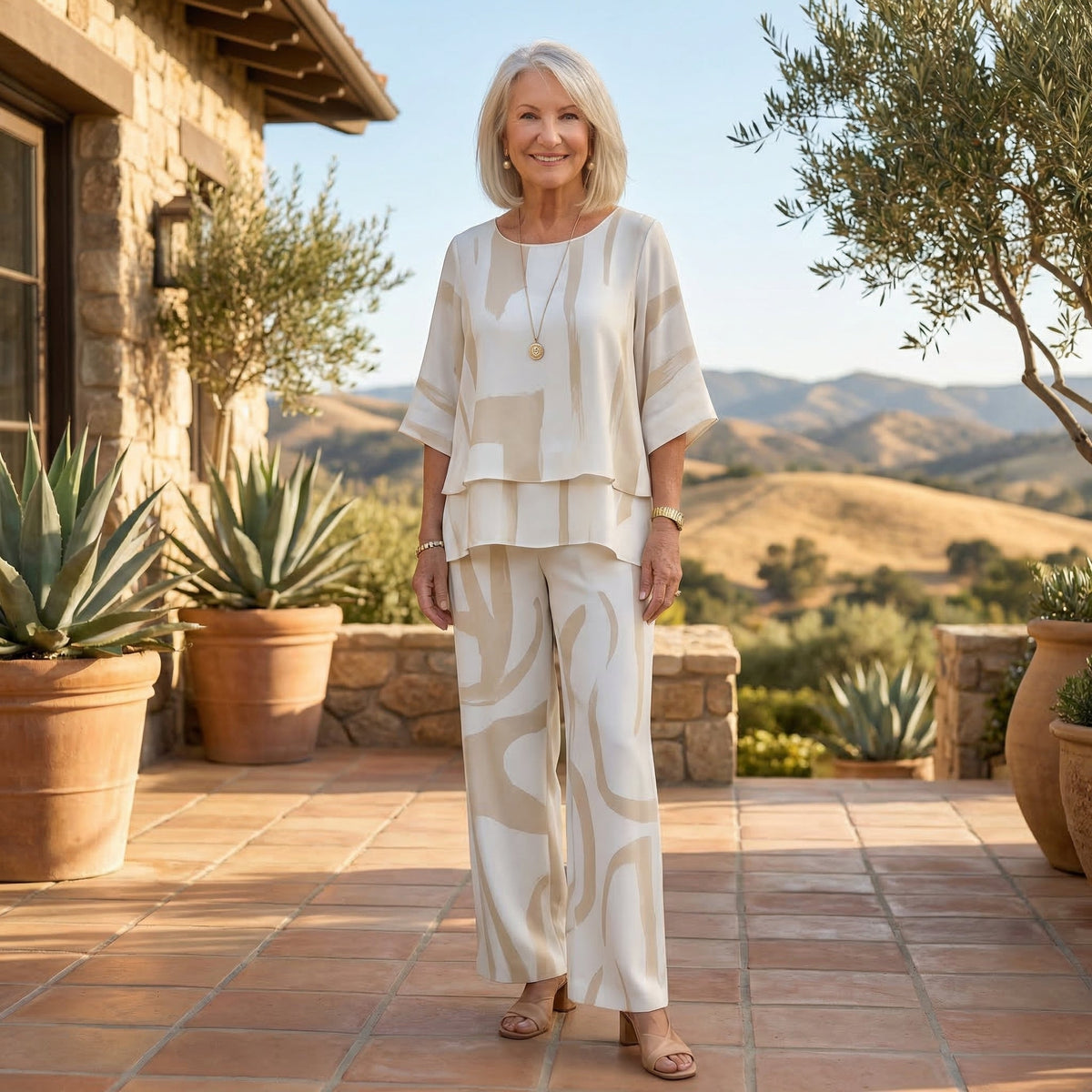 Women's Artistic Brushstroke Layered Top & Wide Leg Pants Set