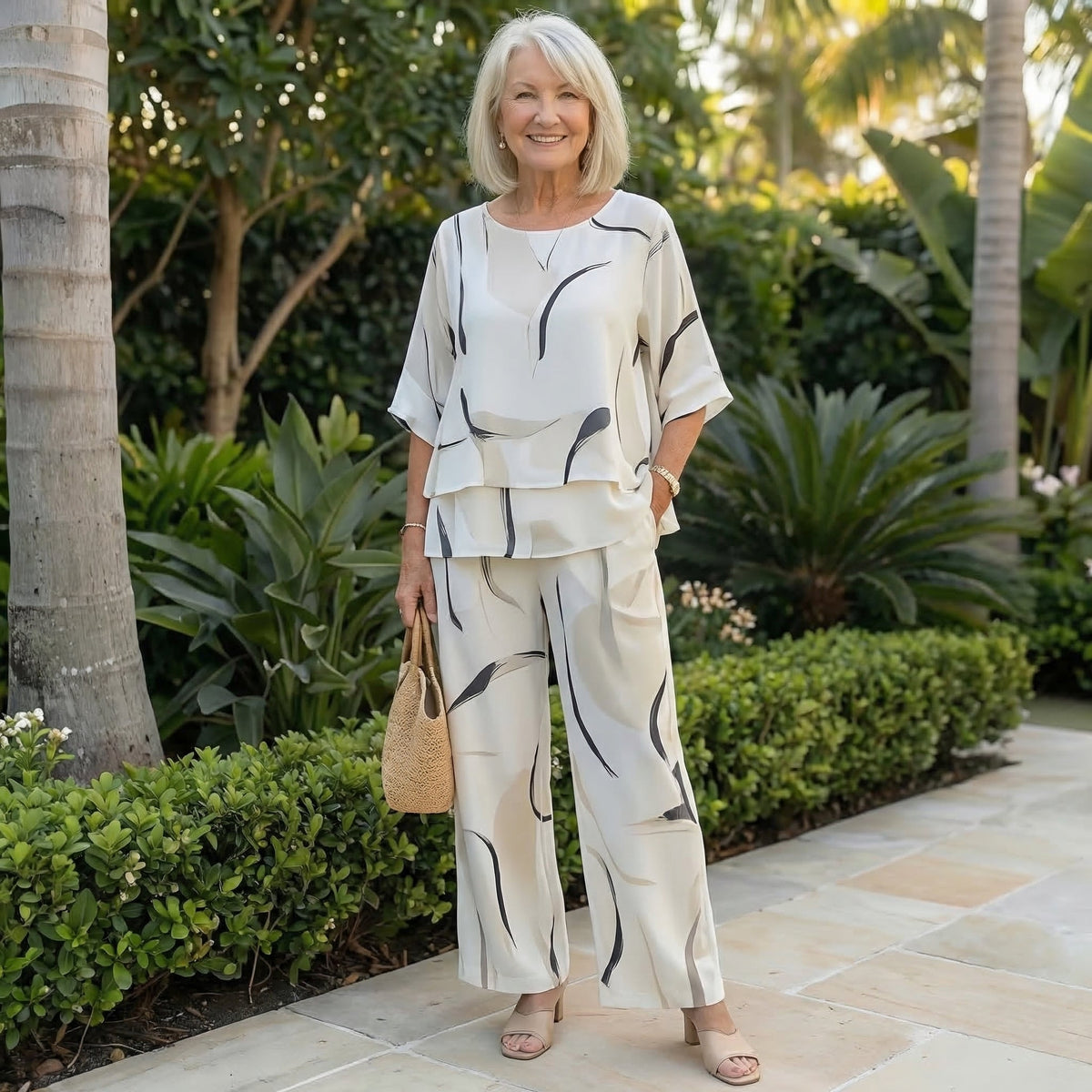 Women's Artistic Brushstroke Layered Top & Wide Leg Pants Set