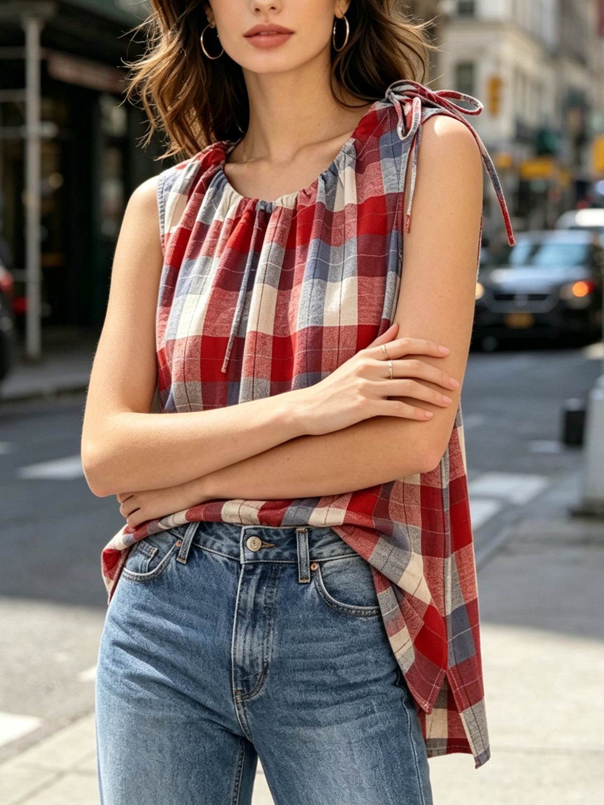 Plaid Cozy Round Neck Drawstring Sleeveless Shirt