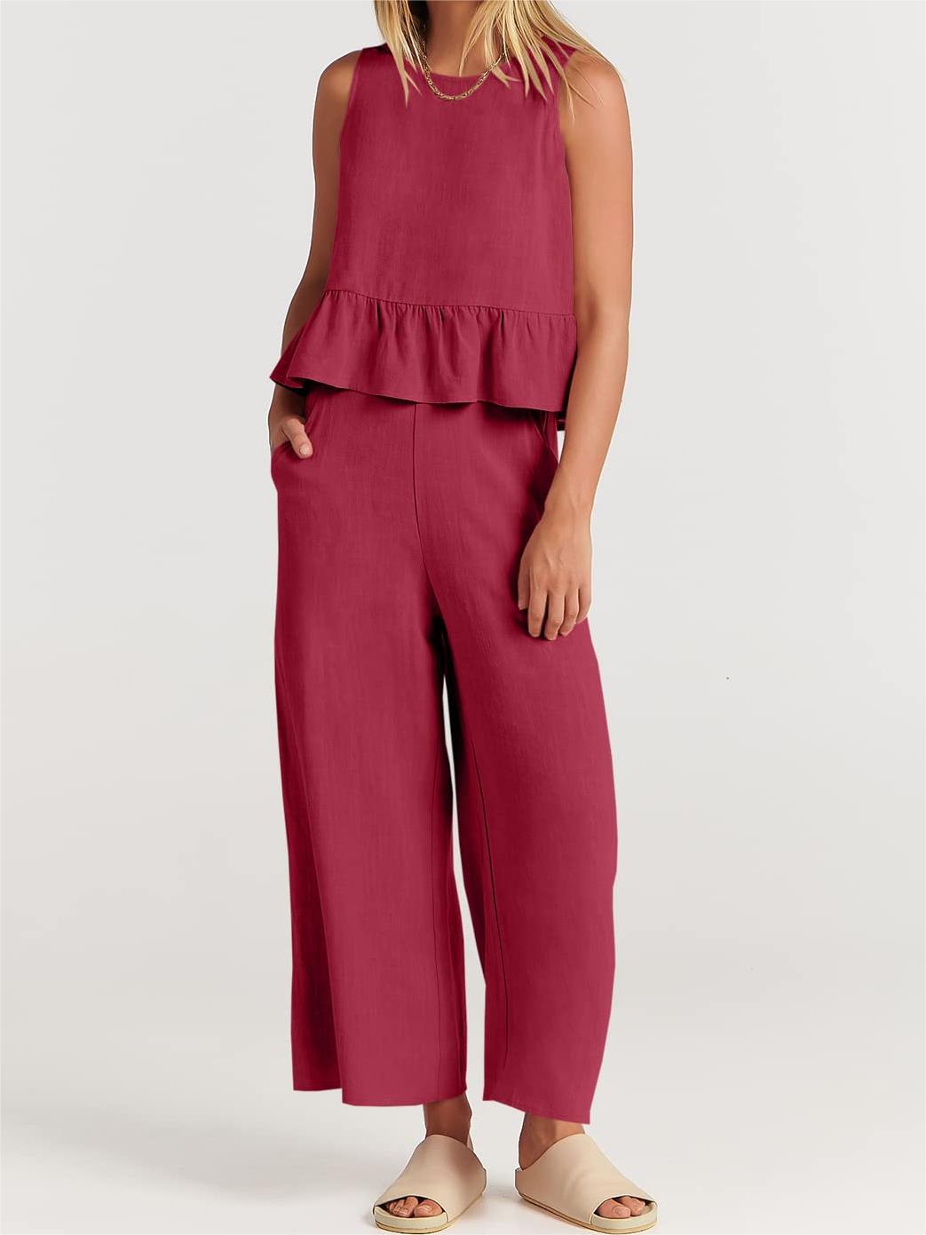 Limited time sale🔥Women 2 Piece Outfits Tank Crop Top Wide Leg Pants Lounge Matching Sets