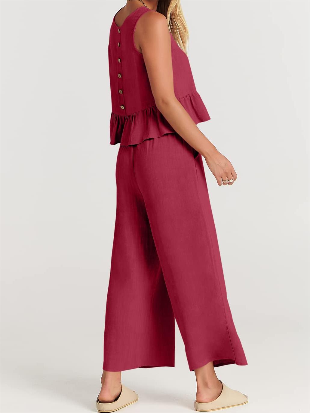 Limited time sale🔥Women 2 Piece Outfits Tank Crop Top Wide Leg Pants Lounge Matching Sets